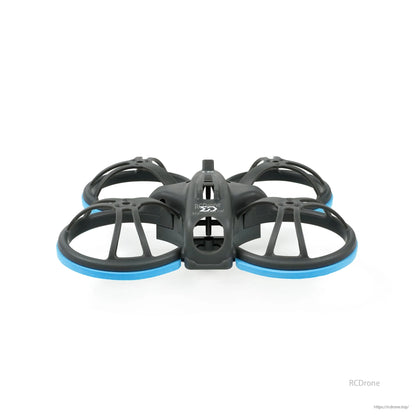 Front view of whoop frame with blue bumper rings and center canopy opening