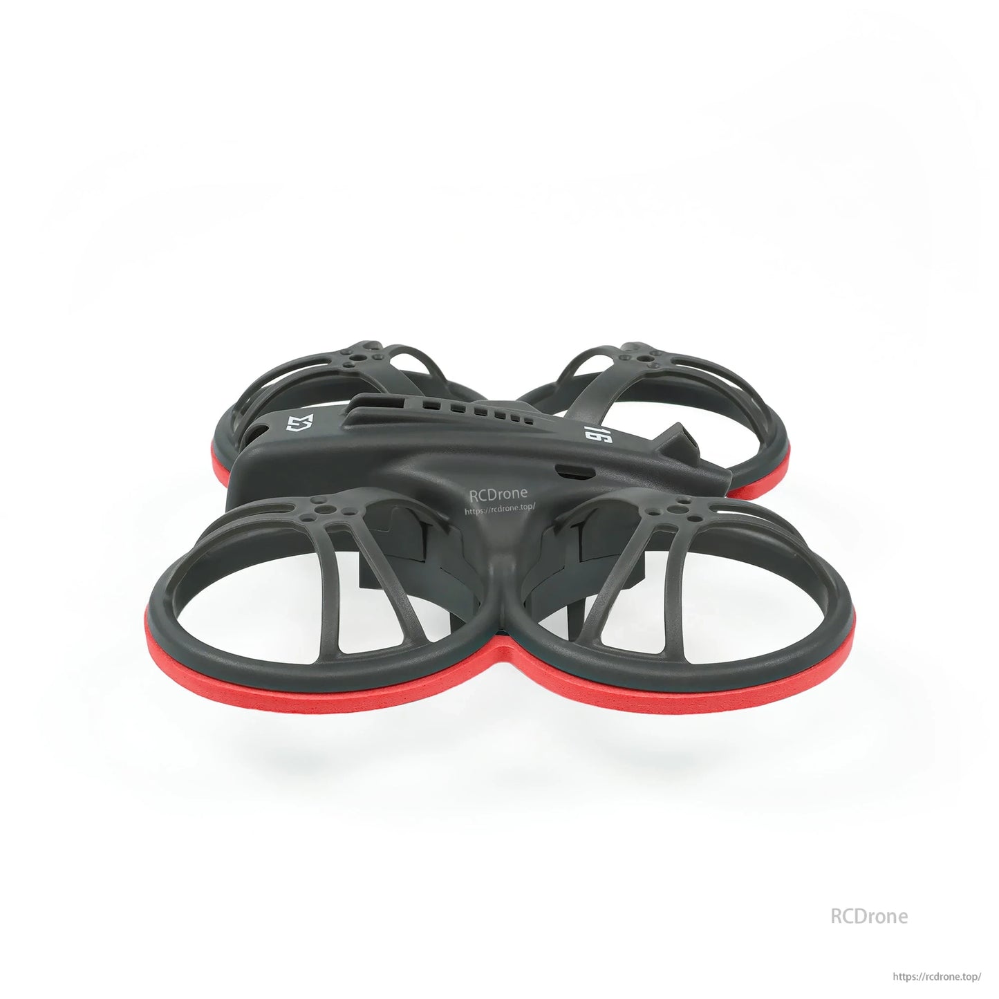 Low side profile of whoop frame with red bumper rings showing duct depth and canopy line