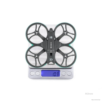 Whoopfly16 frame weight shown on scale display, 10.9g reading
