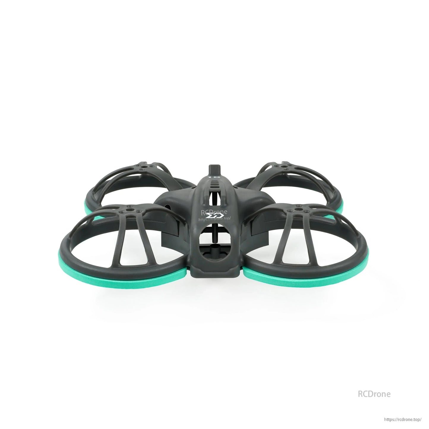Front view of whoop frame showing center canopy opening and teal bumper rings