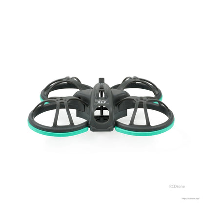 Front view of whoop frame showing center canopy opening and teal bumper rings