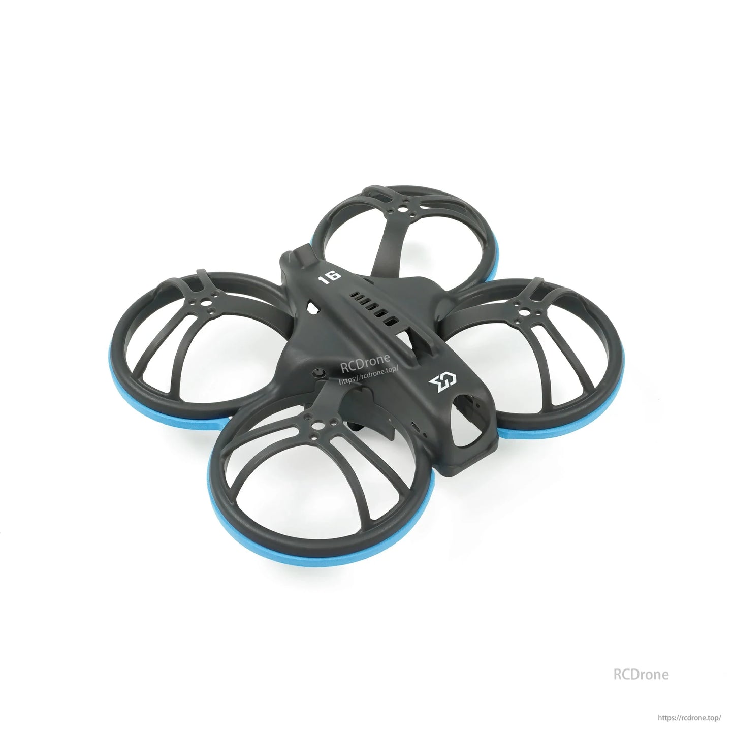 Angled top view of whoop frame with blue bumper rings and integrated prop guards