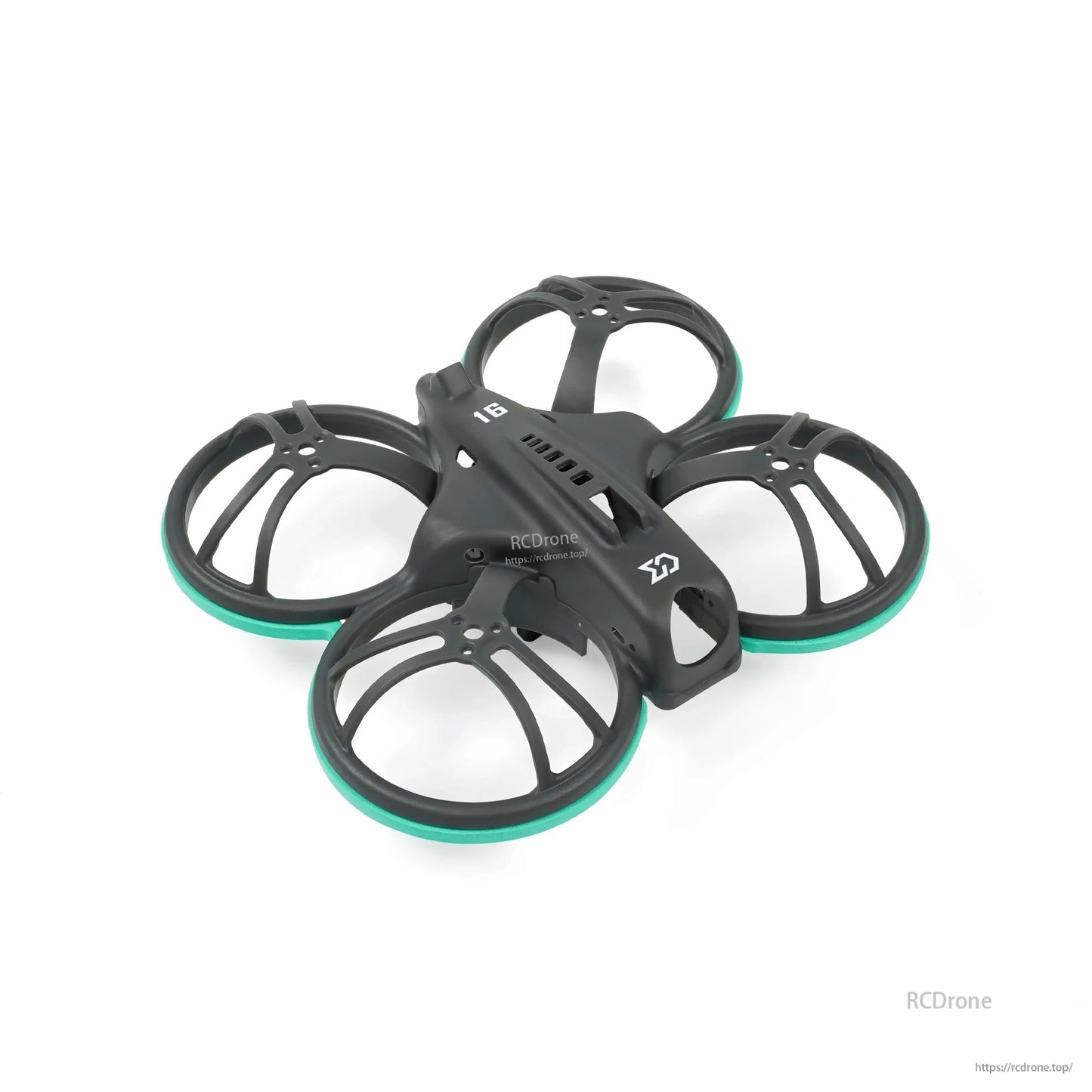 Angled top view showing vented center spine and teal bumper rings on duct guards