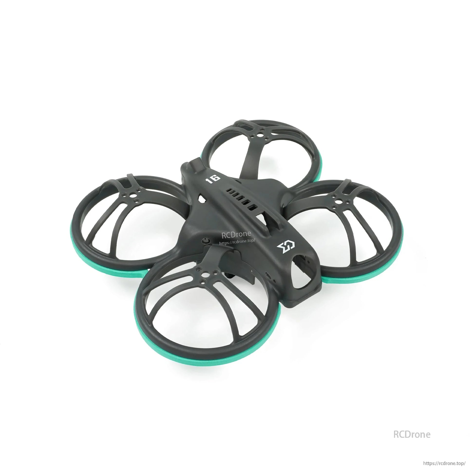 Angled top view showing vented center spine and teal bumper rings on duct guards