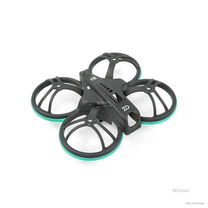 Angled top view showing vented center spine and teal bumper rings on duct guards