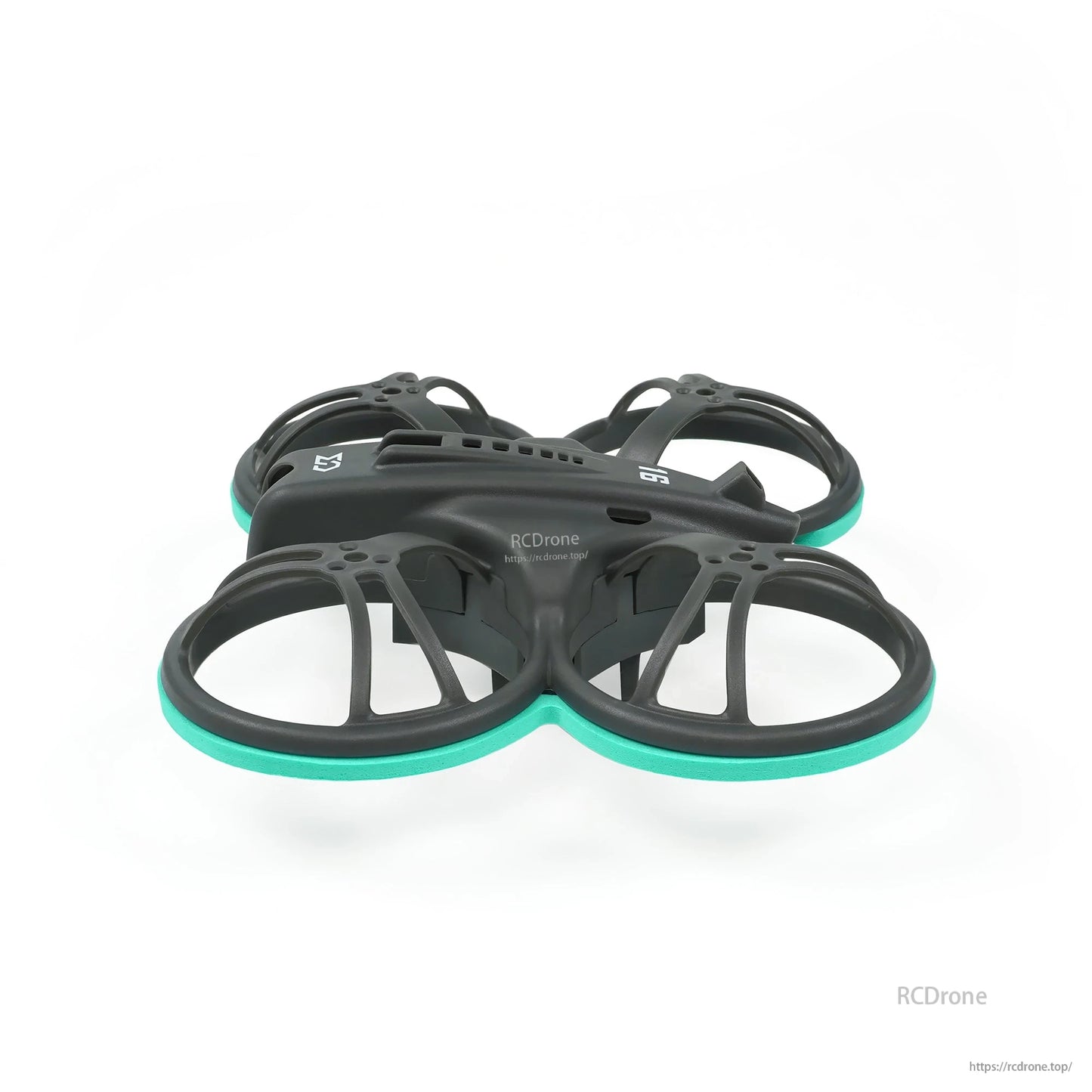Low side profile of whoop frame showing duct guard depth and teal bumper rings
