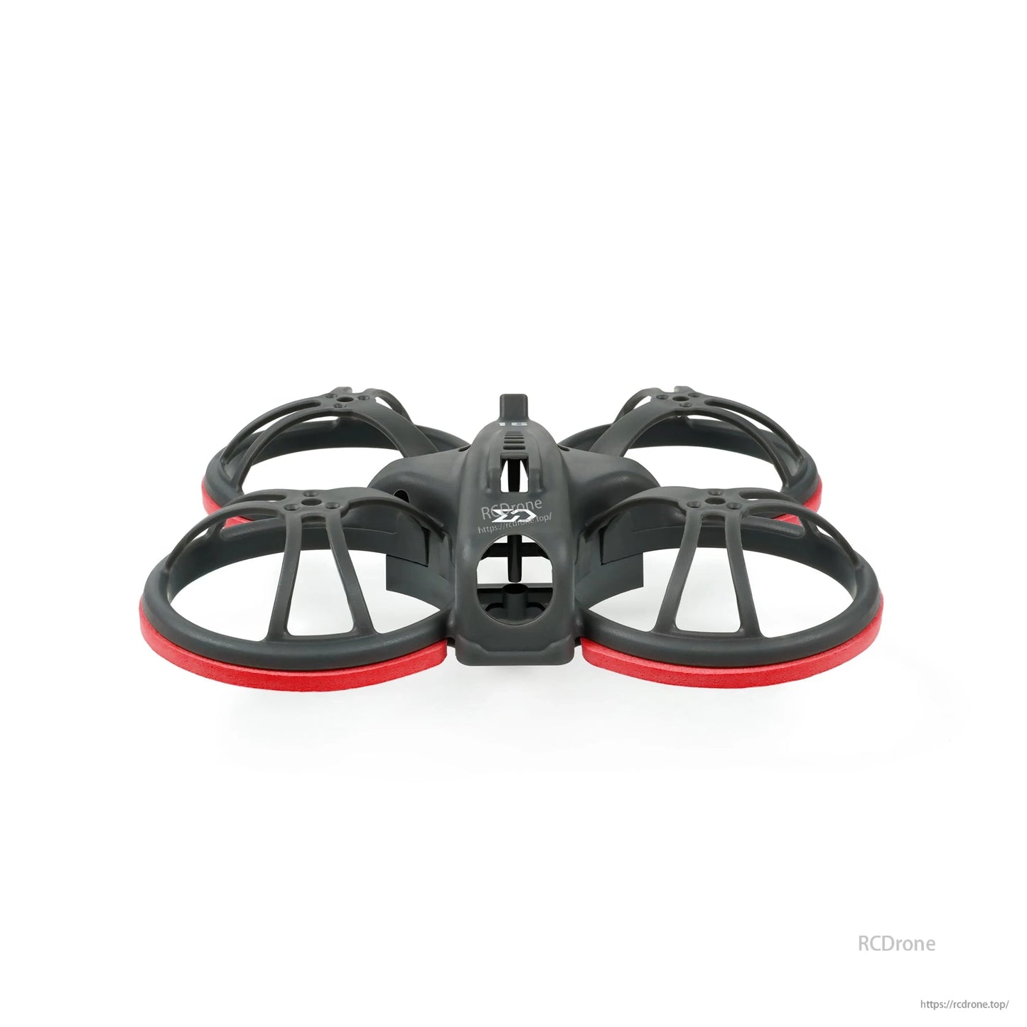 Front view of whoop frame with red bumper rings and center canopy opening