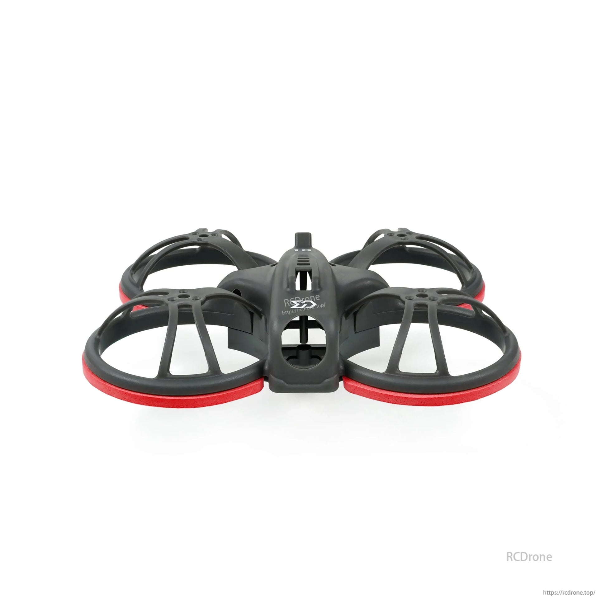 Front view of whoop frame with red bumper rings and center canopy opening