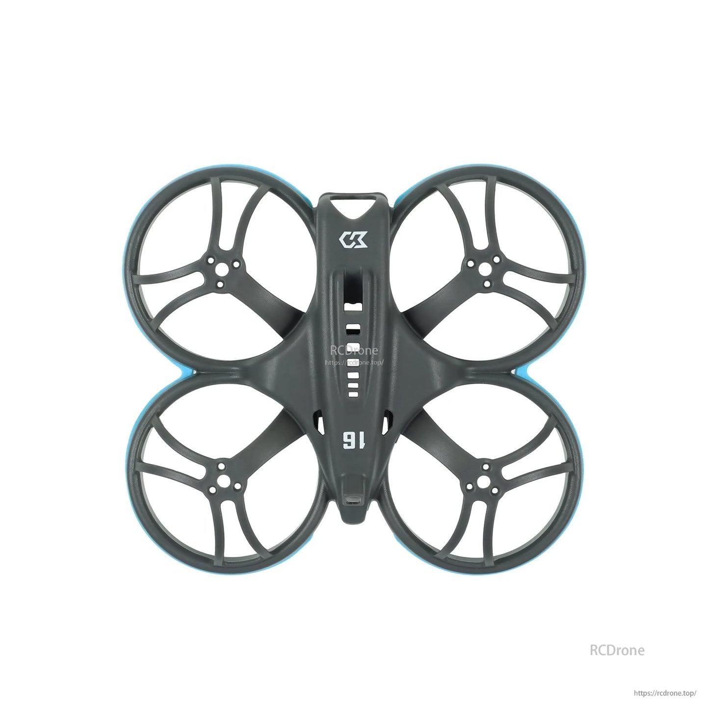 Top-down view of whoop frame with blue bumper rings on four duct guards