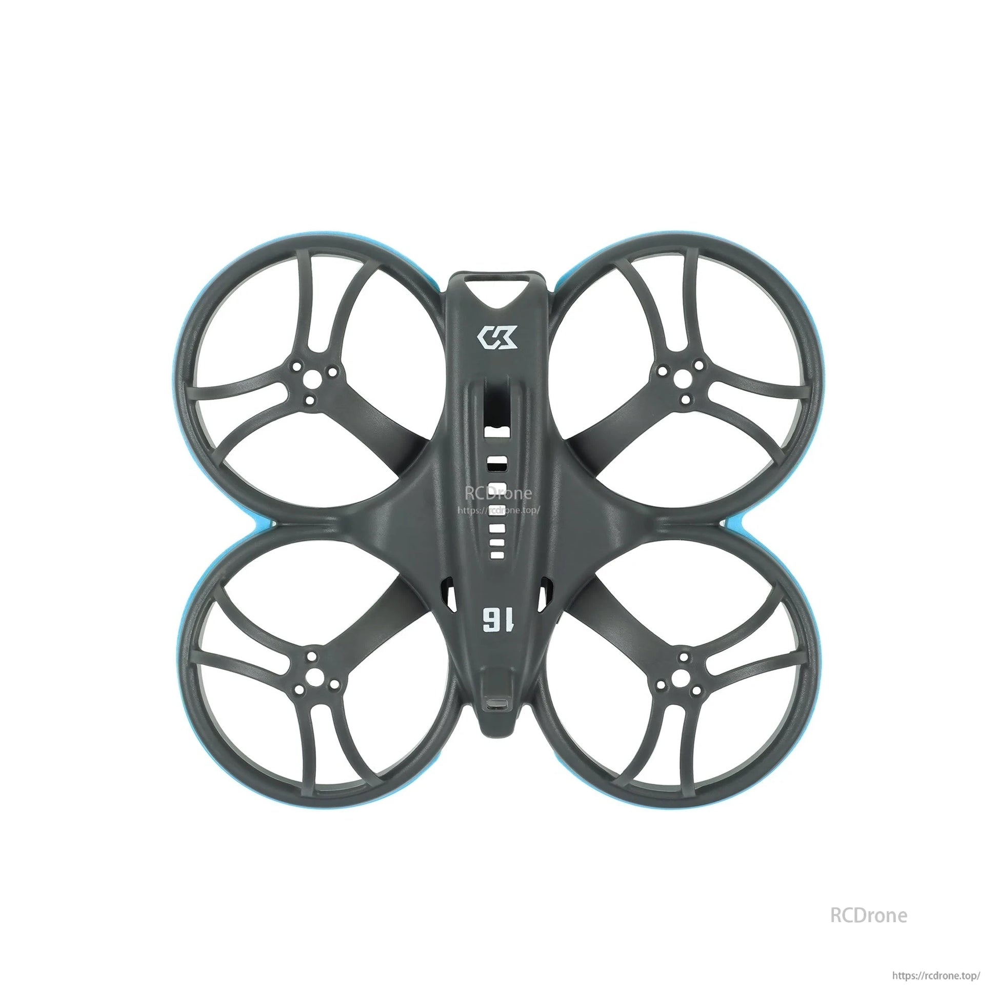 Top-down view of whoop frame with blue bumper rings on four duct guards