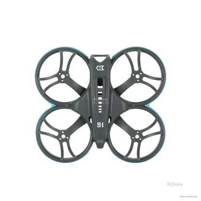 Top-down view of whoop frame with blue bumper rings on four duct guards