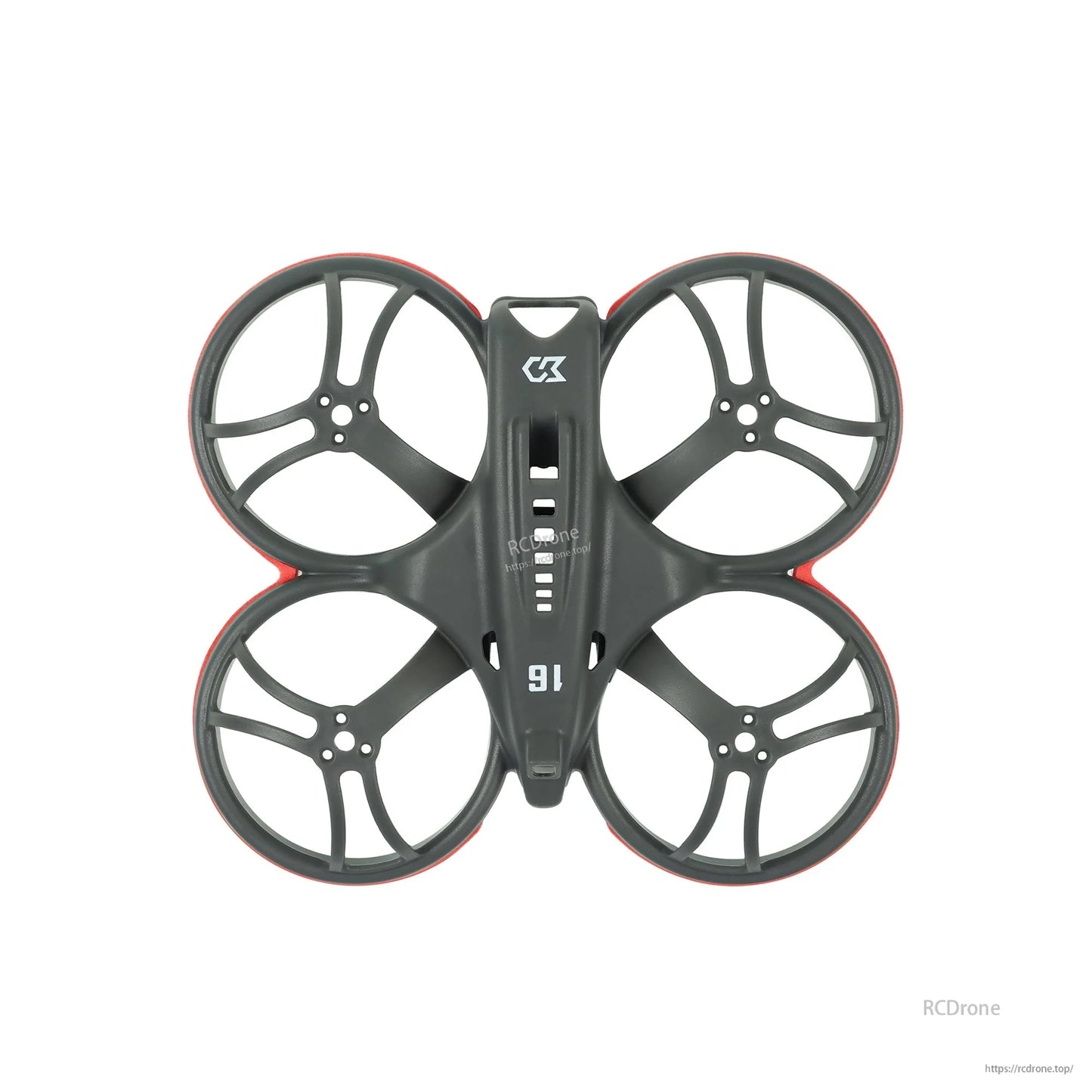 Top-down view of whoop frame with red bumper rings around all four duct guards