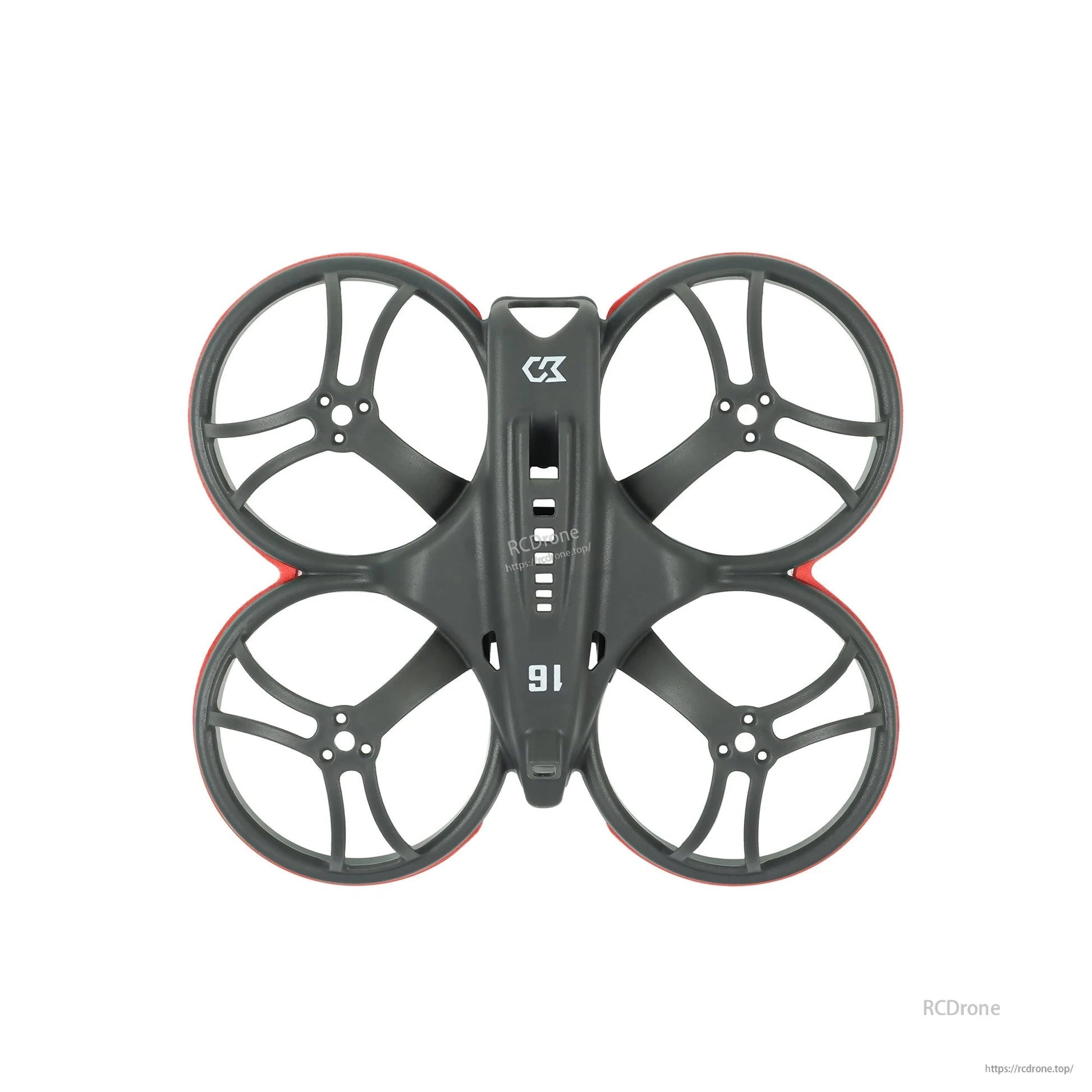 Top-down view of whoop frame with red bumper rings around all four duct guards