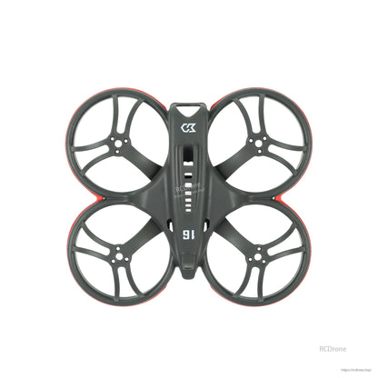 Top-down view of whoop frame with red bumper rings around all four duct guards