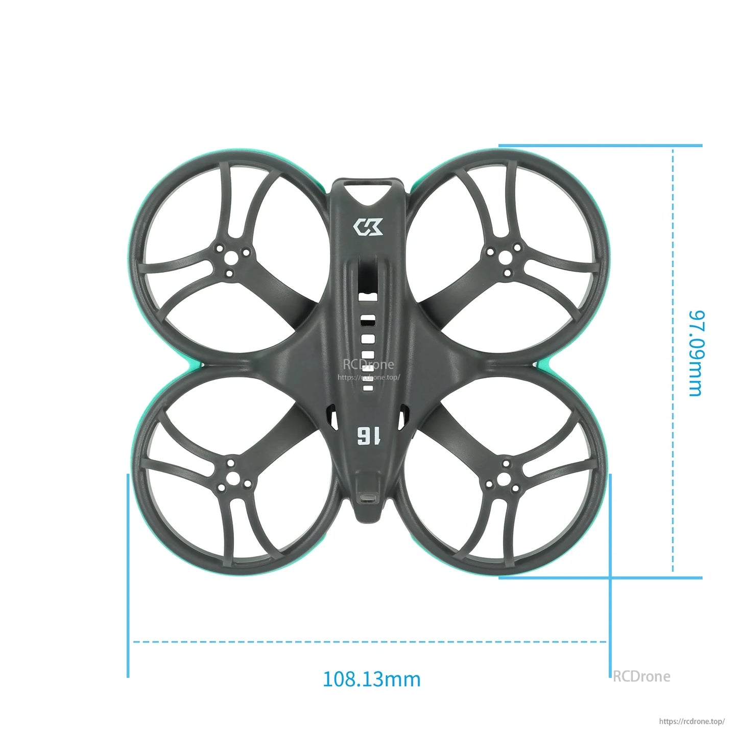 Sub250 Whoopfly16 75mm whoop frame top view with dimensions 108.13mm x 108.12mm