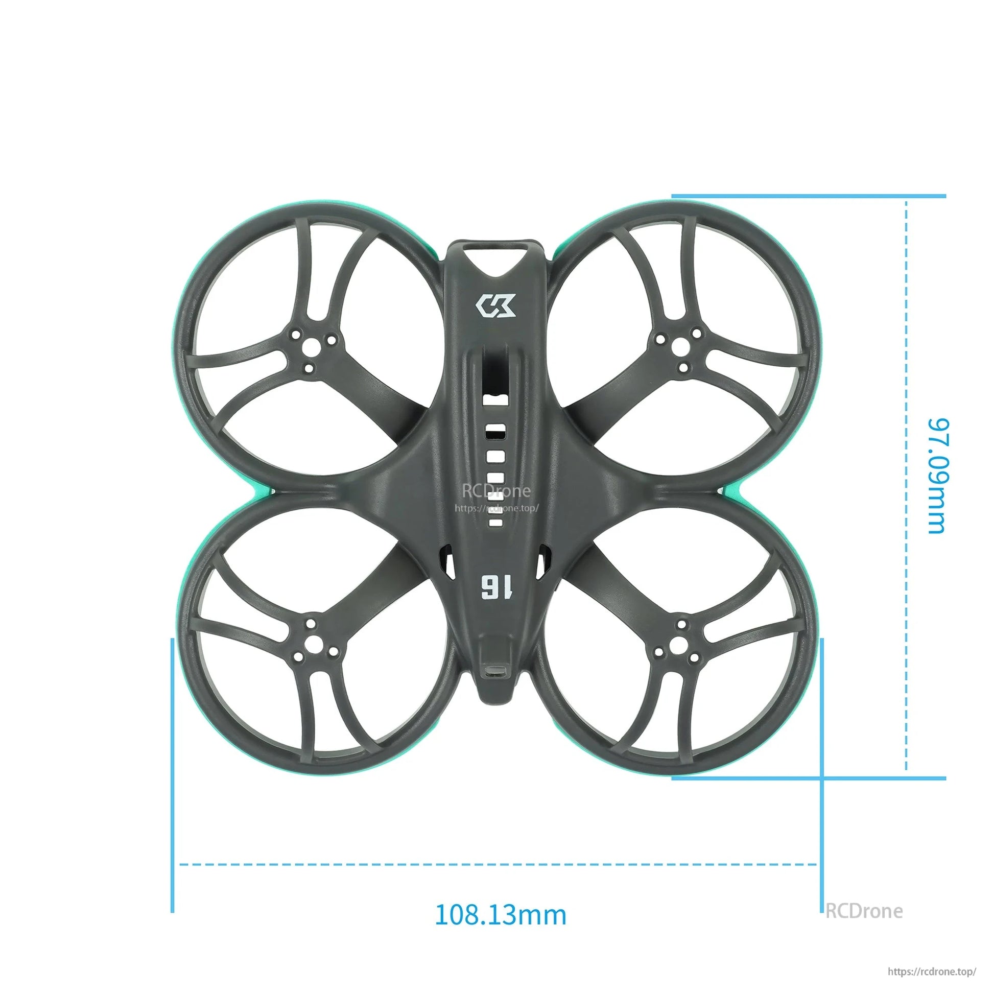 Sub250 Whoopfly16 75mm whoop frame top view with dimensions 108.13mm x 108.12mm