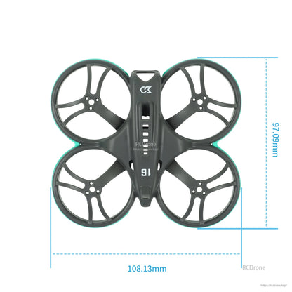 Sub250 Whoopfly16 75mm whoop frame top view with dimensions 108.13mm x 108.12mm