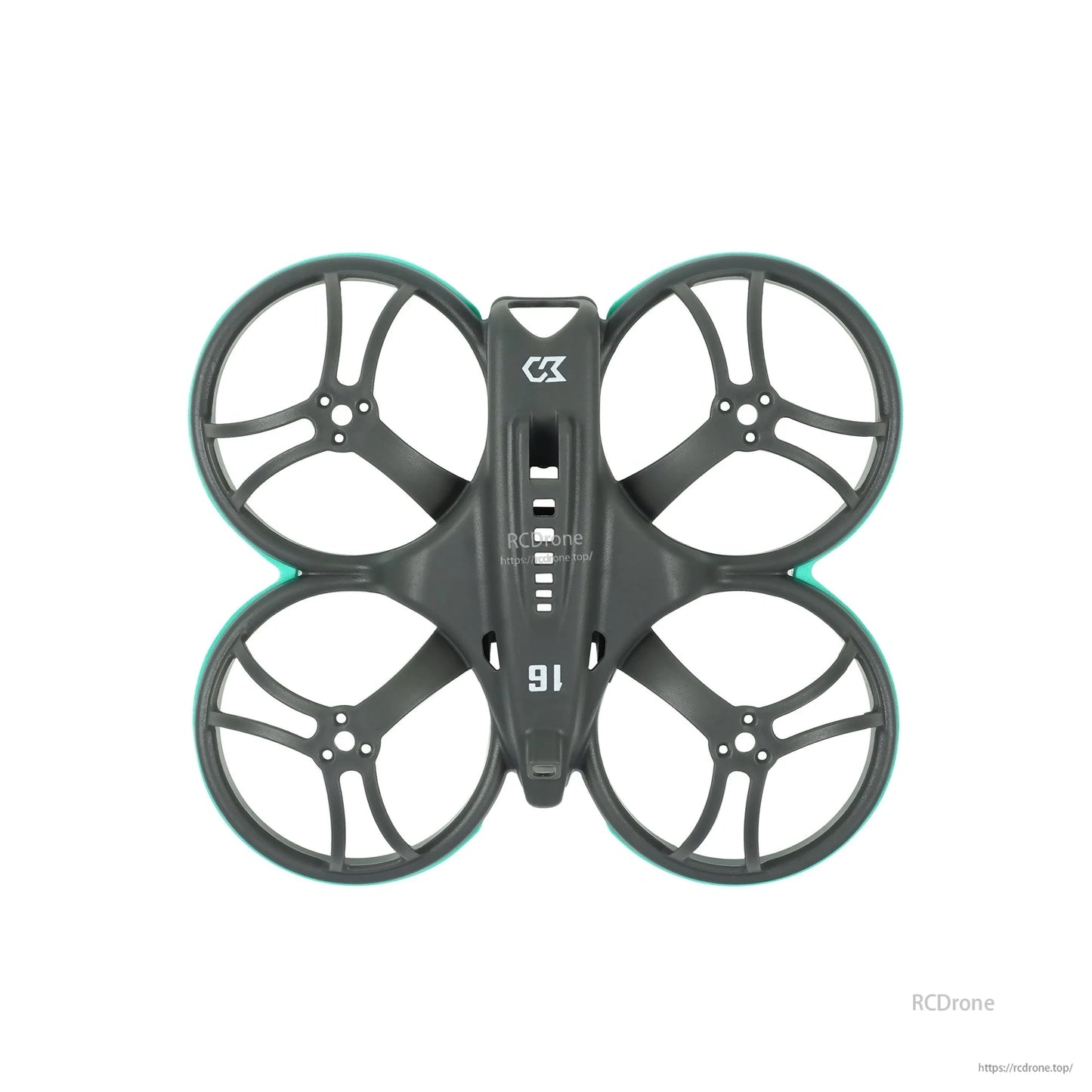 Top-down view of whoop frame with four duct guards and teal bumper rings