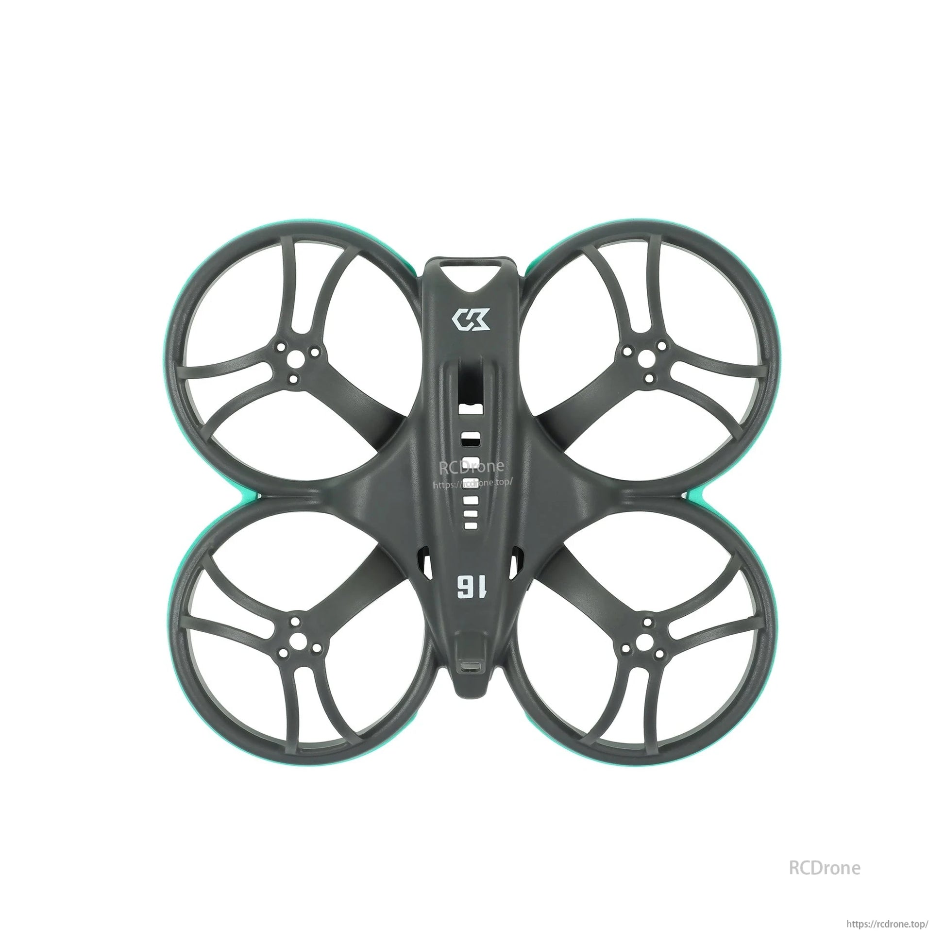 Top-down view of whoop frame with four duct guards and teal bumper rings