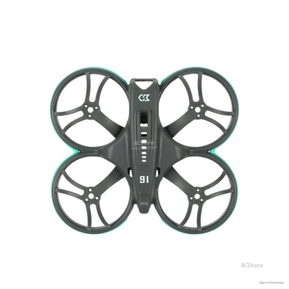 Top-down view of whoop frame with four duct guards and teal bumper rings