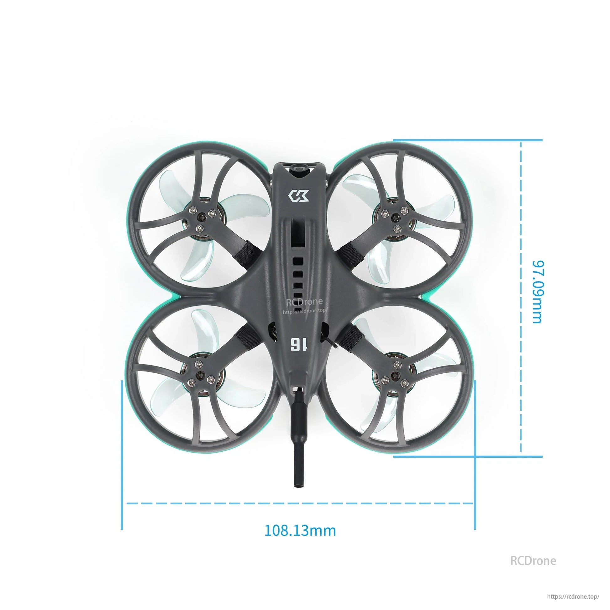 Top view with size dimensions overlay, approximately 108.13 mm by 99.06 mm footprint