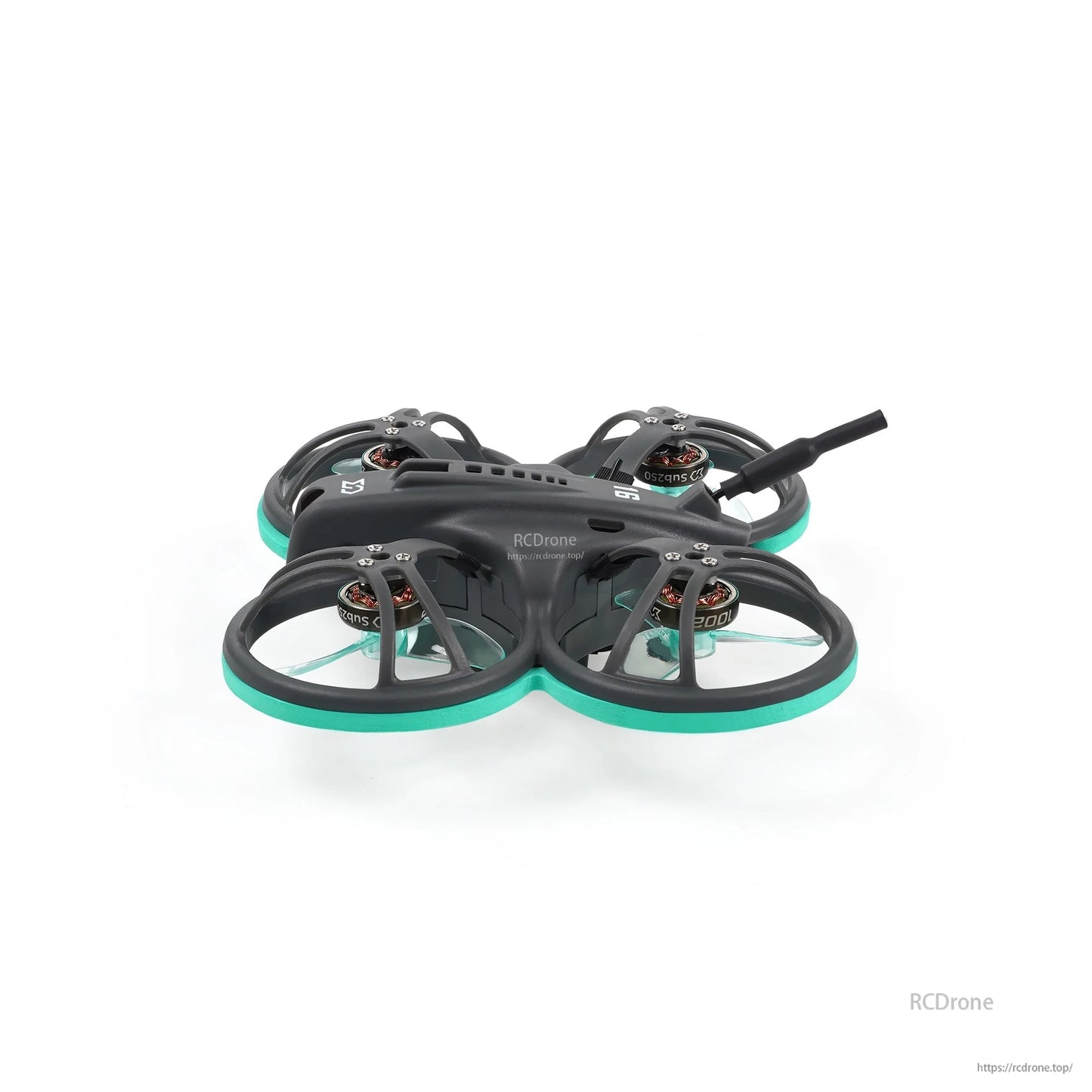 Low side profile of the whoop drone showing duct height, motors, and rear antenna angle