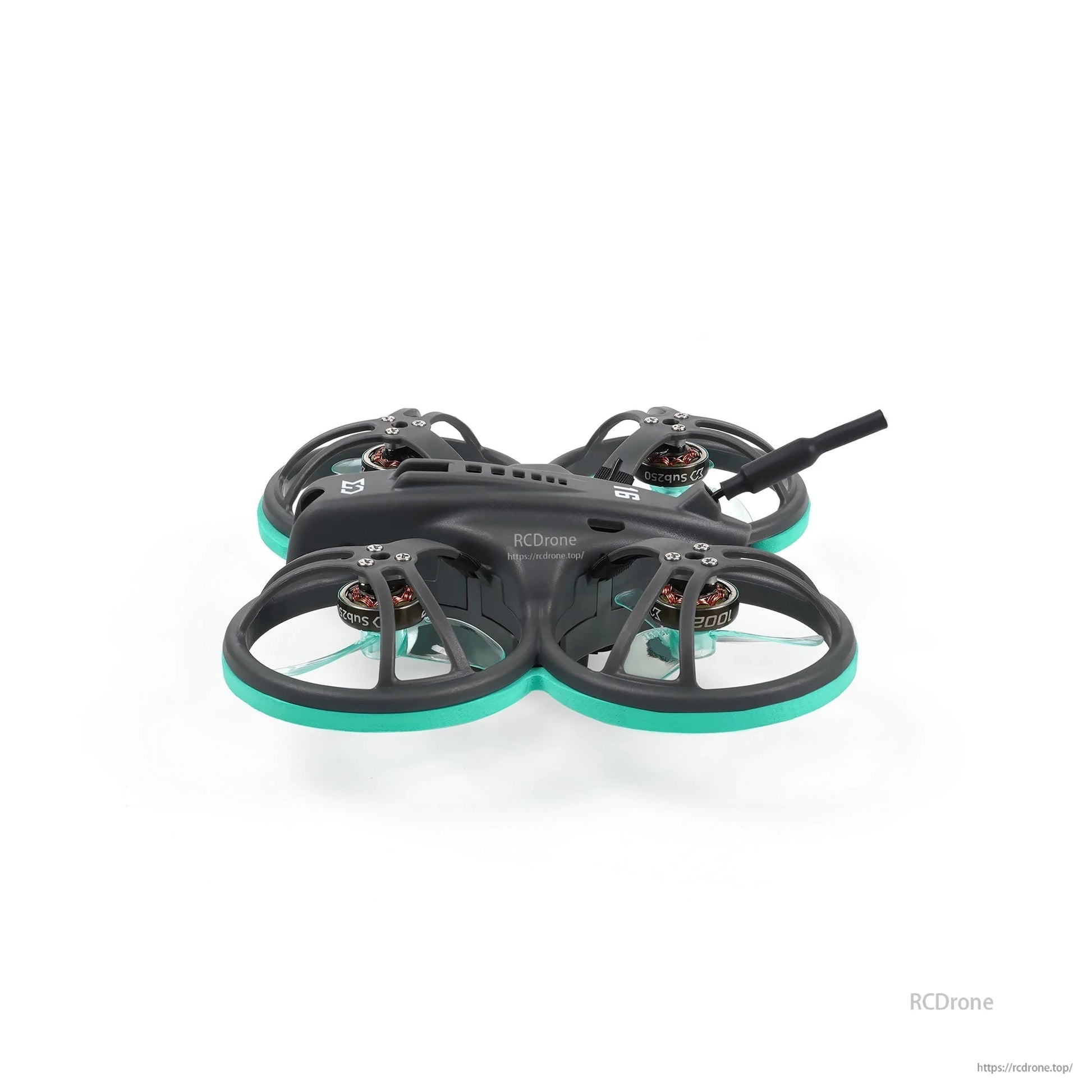 Low side profile of the whoop drone showing duct height, motors, and rear antenna angle