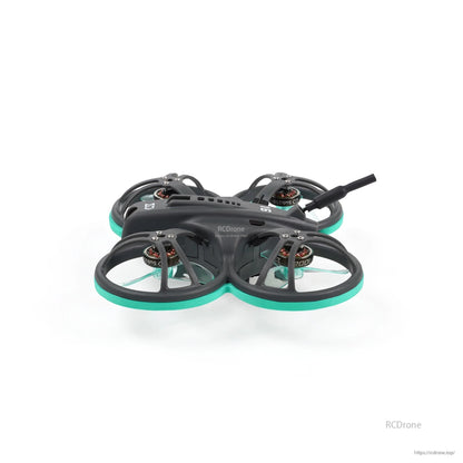 Low side profile of the whoop drone showing duct height, motors, and rear antenna angle