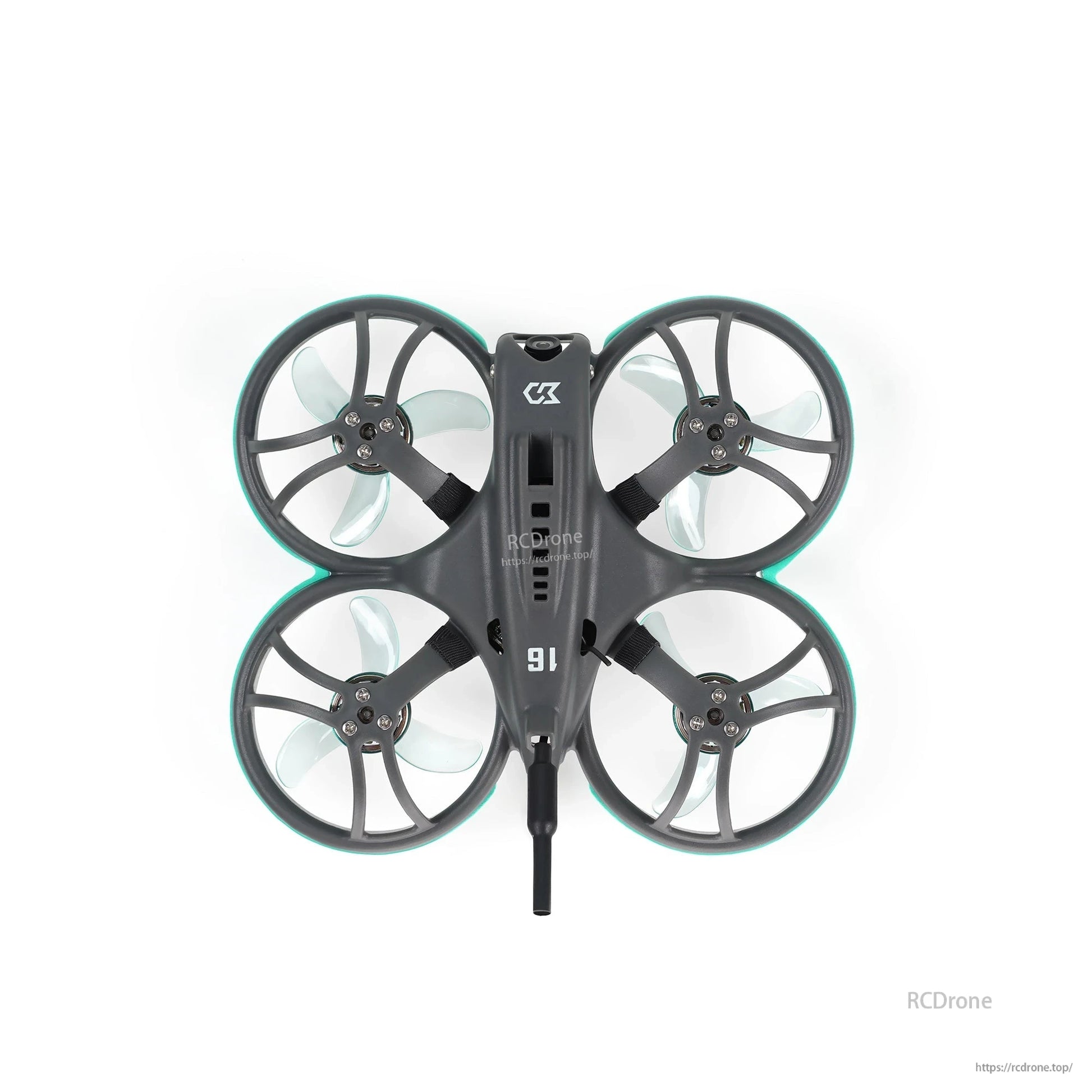 Top-down view of ducted 75mm whoop frame showing four prop guards and canopy layout