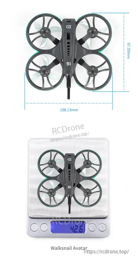 Whoopfly16 dimensions diagram (about 108.13 x 97.09 mm) and a scale photo illustrating example all-up weight