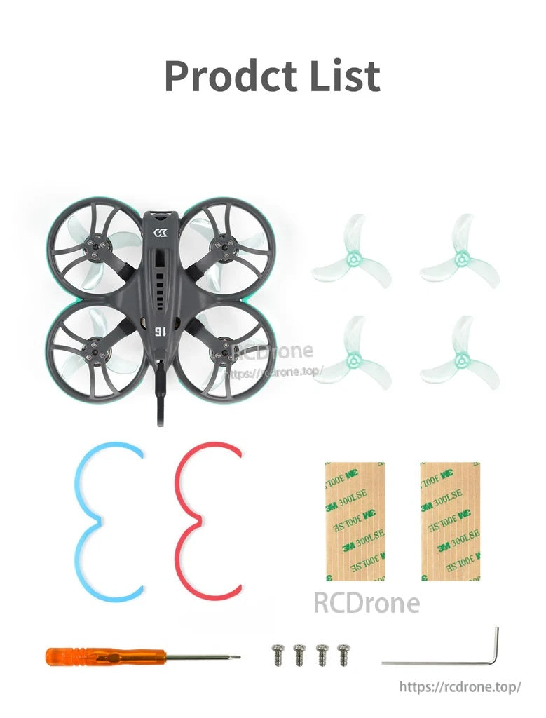 Package contents layout: Whoopfly16 drone, spare 1608-3 propellers, protective foam rings, tools, screws, and 3M tape