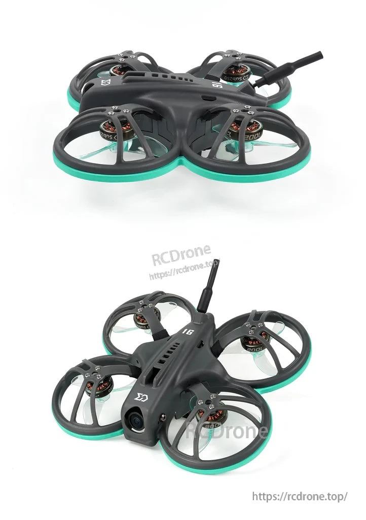 Side and three-quarter views highlighting the Whoopfly16 inverted pusher layout and low-profile duct frame design