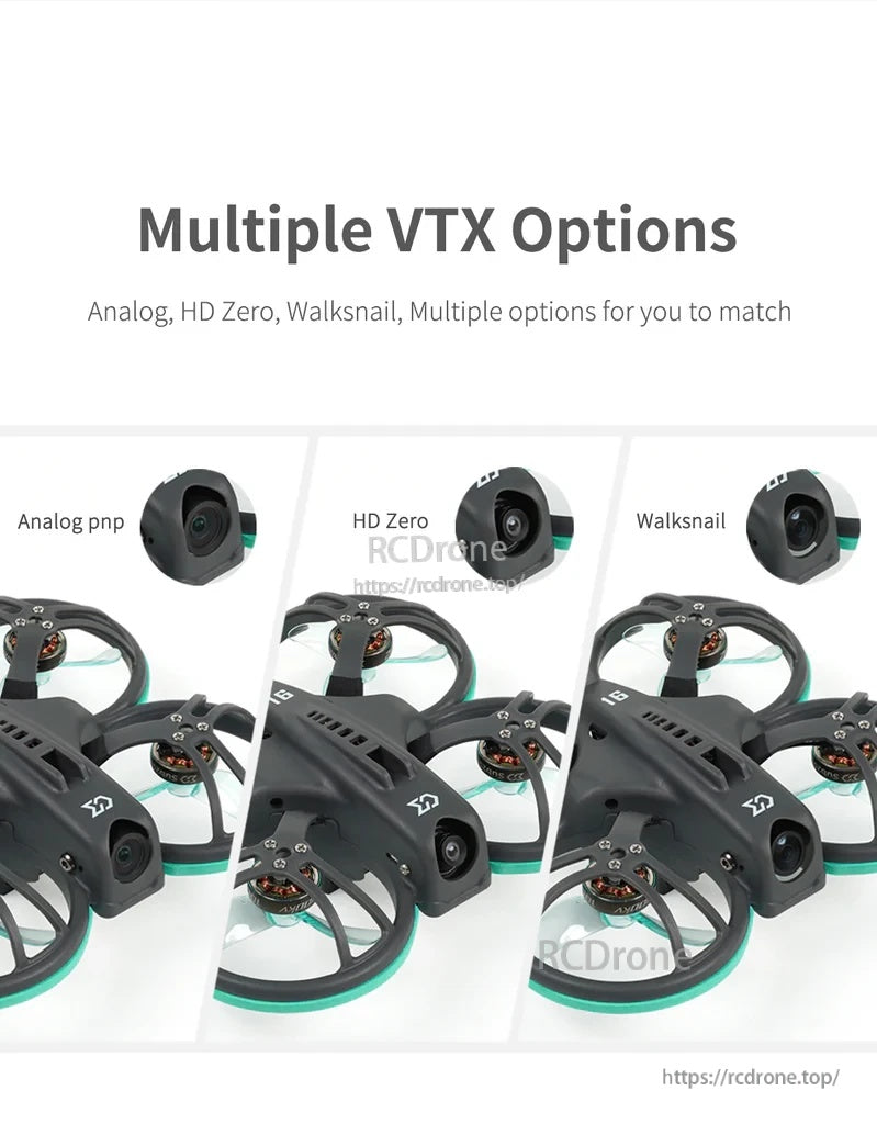 Graphic comparing VTX options for the Whoopfly16 platform: analog, HDZero, and Walksnail configurations