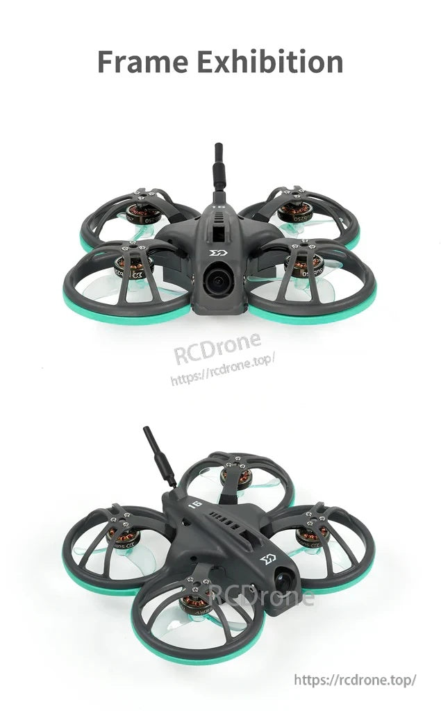Front and angled views of the Whoopfly16 frame and canopy with camera mount and ducted prop guards
