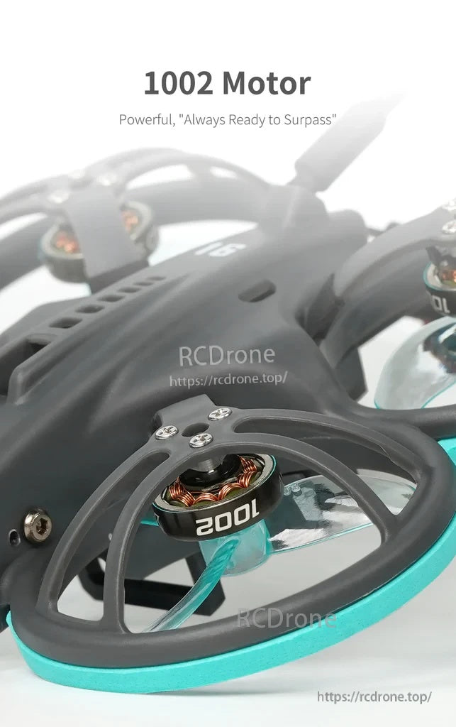 Detail view of the Whoopfly16 1002 motor mounted in the ducted prop guard frame