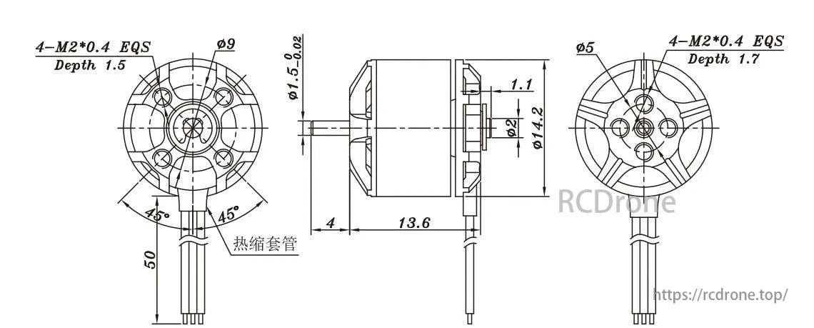 SunnySky R1106 3S/4S FPV Motor, Motor dimensions: 14.2mm diameter, 50mm length, featuring M2*0.4 threaded holes for secure mounting.