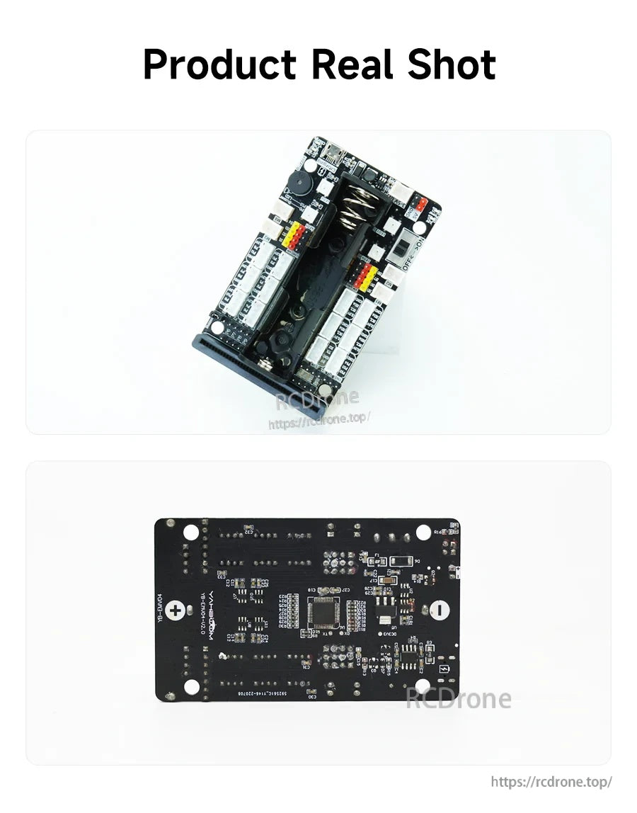 Real product photos of Super:bit 2.0 expansion board: top side with battery slot and bottom PCB view