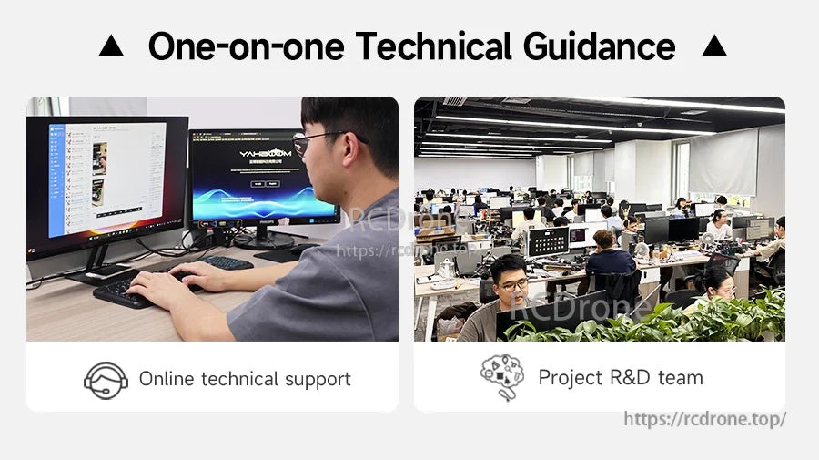 Technical support banner showing online help and an R&D workspace; person at computer with face blurred