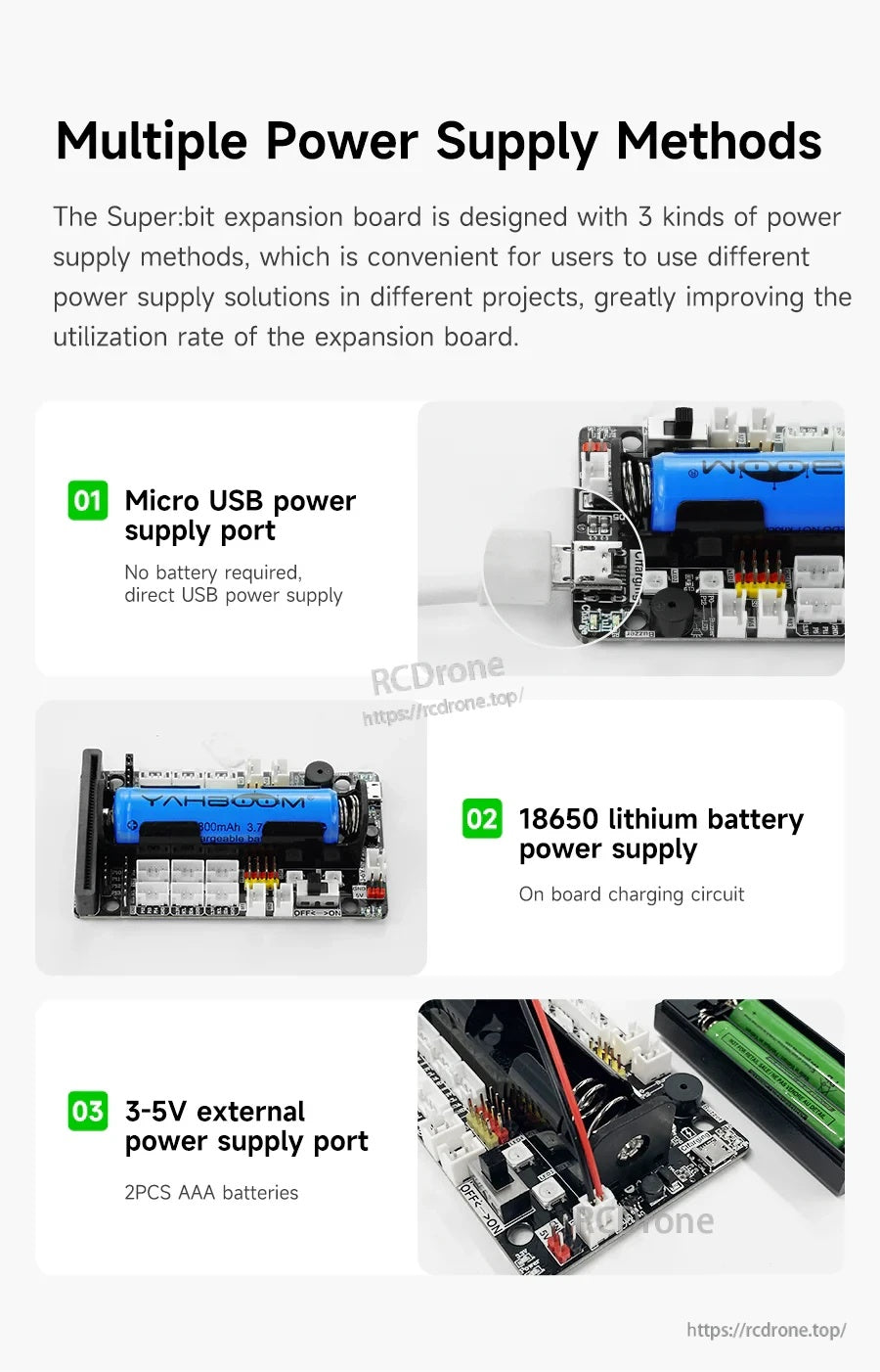 Three power options for the board: Micro USB input, 18650 lithium battery with charging, and 3–5V external