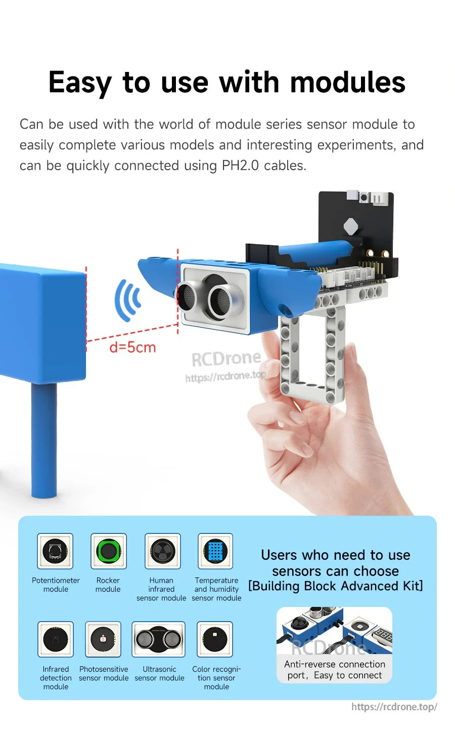 Example build with ultrasonic sensor module connected via PH2.0 ports for quick plug-in experiments