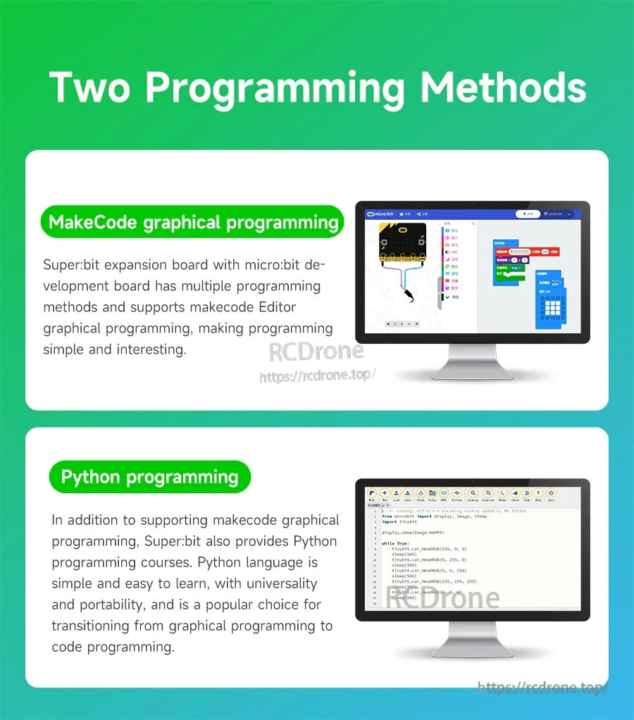 Programming support options: MakeCode graphical blocks and Python code for micro:bit projects