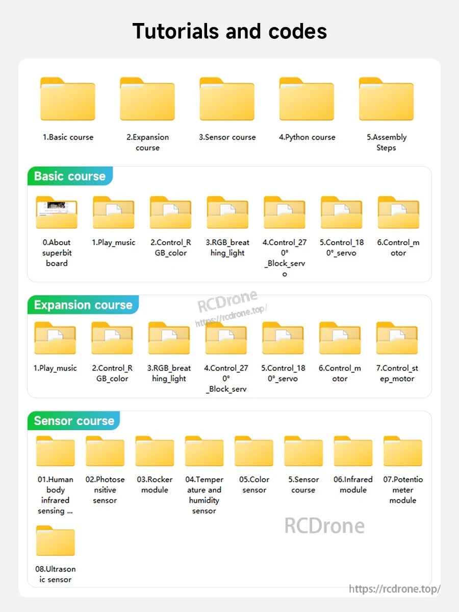 Folder-style menu of downloadable tutorials and code: basic course, expansion course, sensor course, Python, assembly