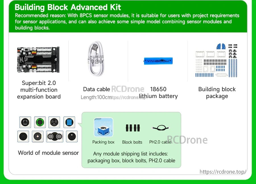 Yahboom Super:bit 2.0 building block advanced kit contents with expansion board, USB cable, 18650 battery and modules
