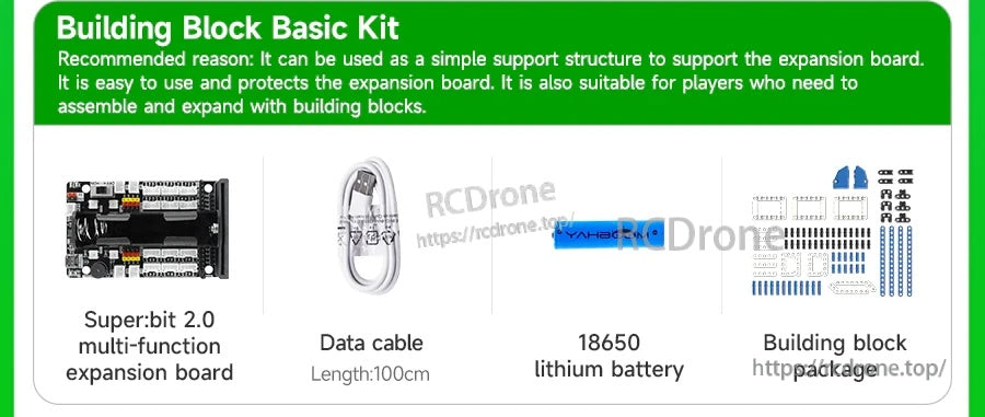 Yahboom Super:bit 2.0 building block basic kit with expansion board, 100cm data cable, 18650 battery and parts