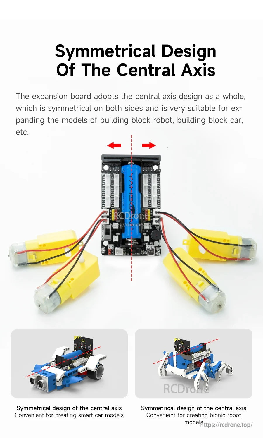 Symmetrical central-axis board design with motors connected on both sides for balanced robot layouts