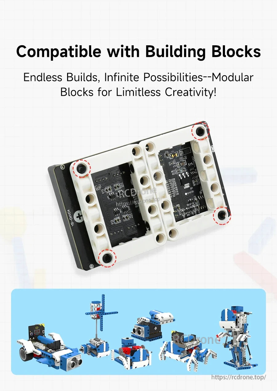 Underside view highlighting building-block mounting holes and symmetrical layout for STEM model builds