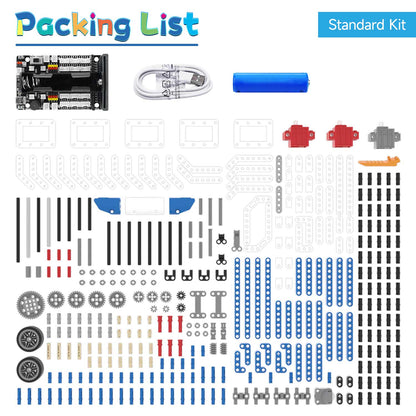 Yahboom Building:bit Standard Kit packing list showing controller board, battery, cable, blocks, gears, axles and wheels