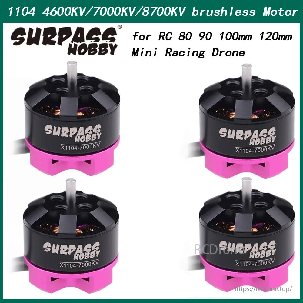 Surpass 1104 Brushless Motor, Surpass Hobby 1104 brushless motor, 7000KV, for 80-120mm mini racing drones, black with pink base, labeled "X1104-7000KV."