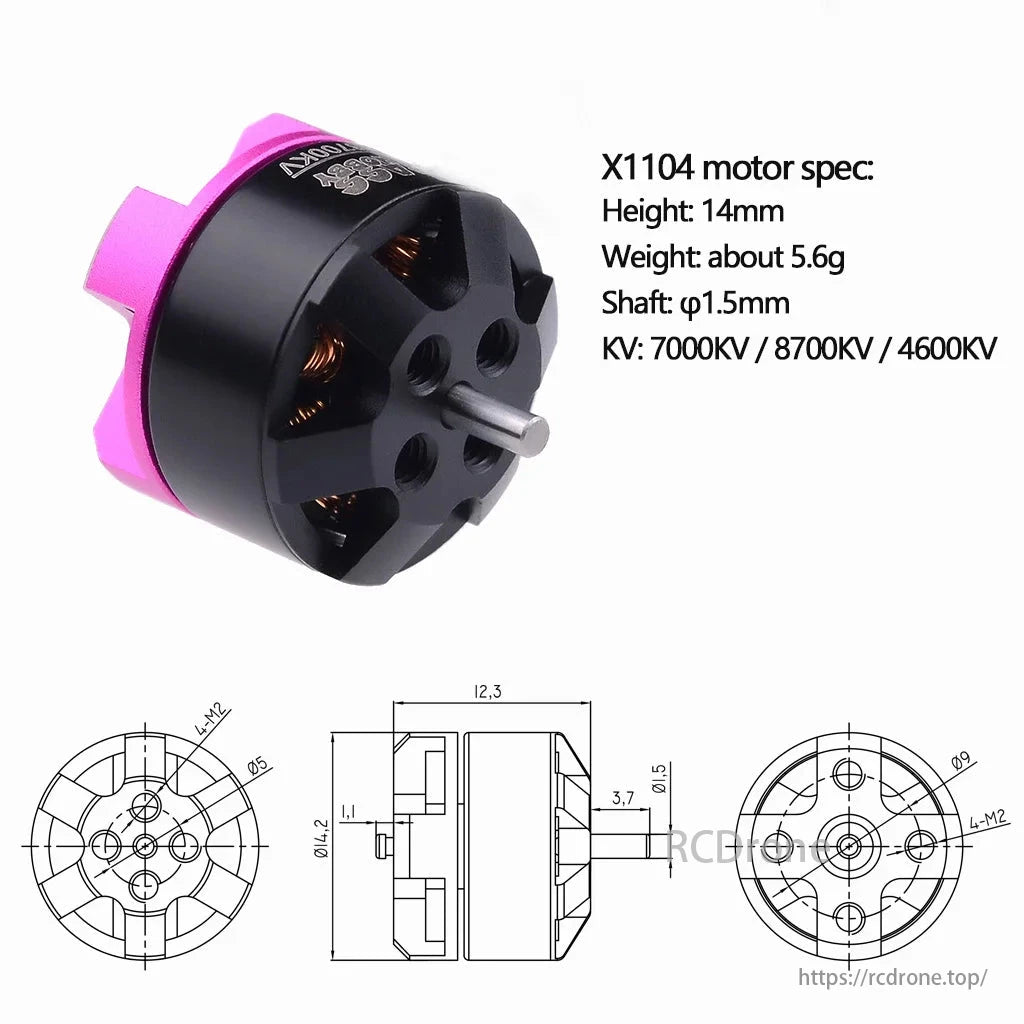 X1104 motor: 14mm height, 5.6g weight, φ1.5mm shaft, KV 7000/8700/4600. Perfect for micro FPV racing drones.