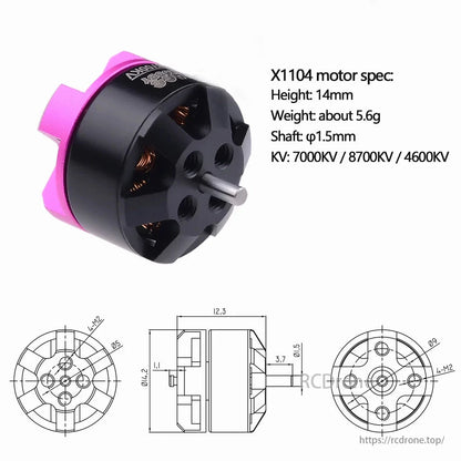 X1104 motor: 14mm height, 5.6g weight, φ1.5mm shaft, KV 7000/8700/4600. Perfect for micro FPV racing drones.